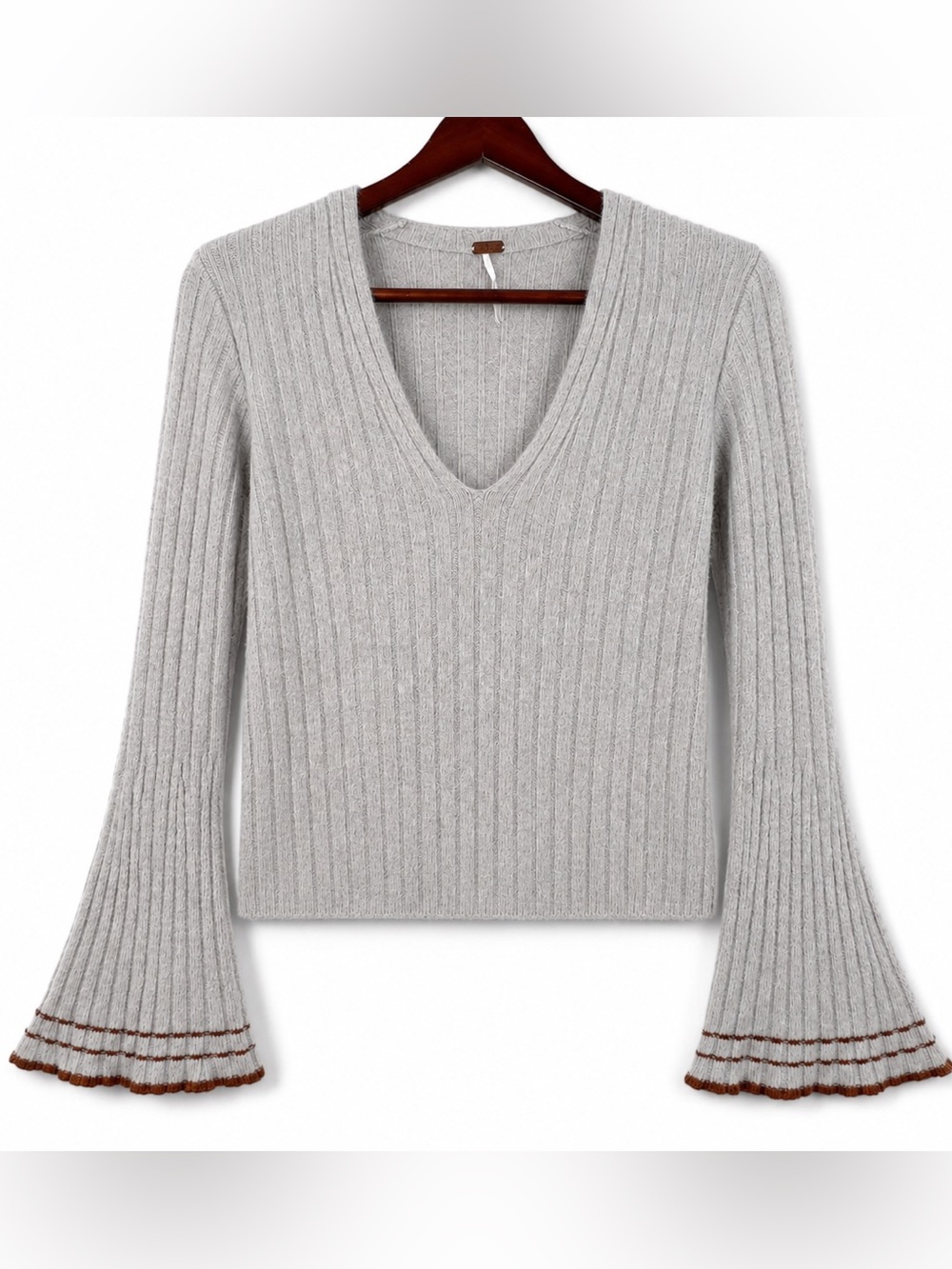 Free People Wool Yak Blend Bell Sleeve Ribbed Sweater Gray S